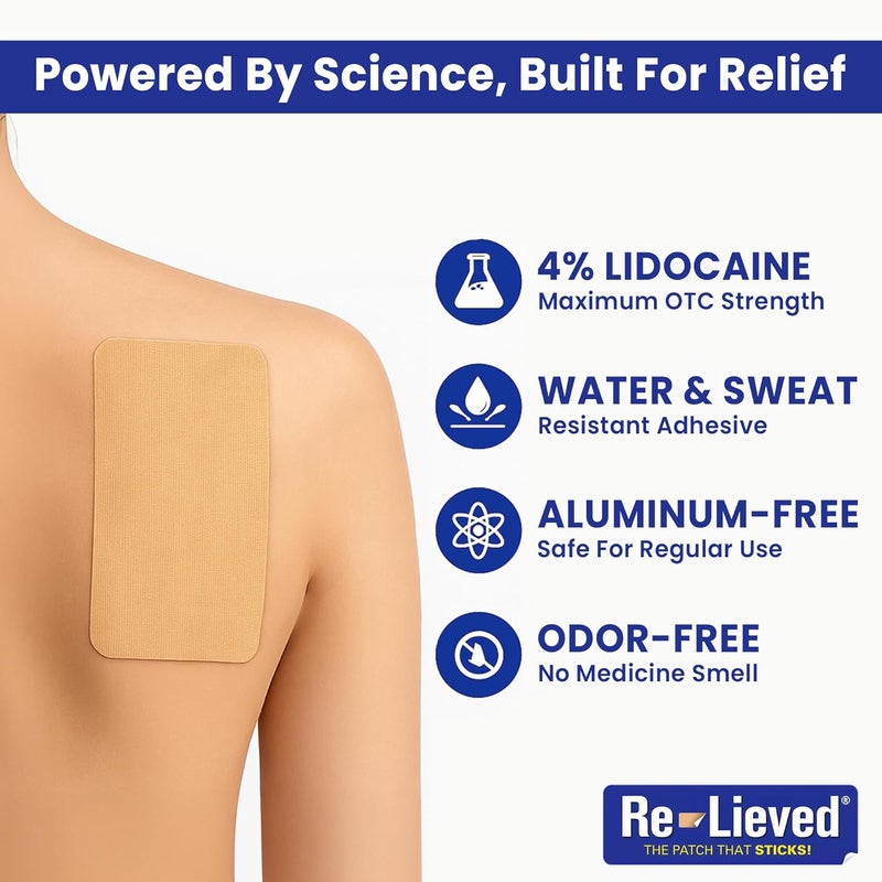 Relieved 4% Lidocaine Patches Maximum Strength - Aluminum-Free, Water Resistant and USA Made -Superior Sticking Pain Relief Patches Quickly Relieves Back, Joints and Muscle Pain-3x6 Inches (20 Count) - Image 3